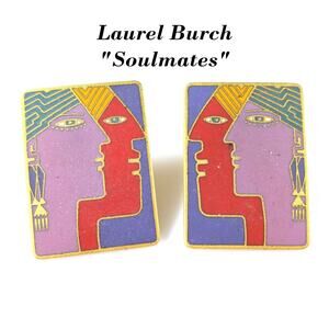 Vintage Laurel Burch "Soulmates" Post Earrings, Cloisonne & Gold Plated